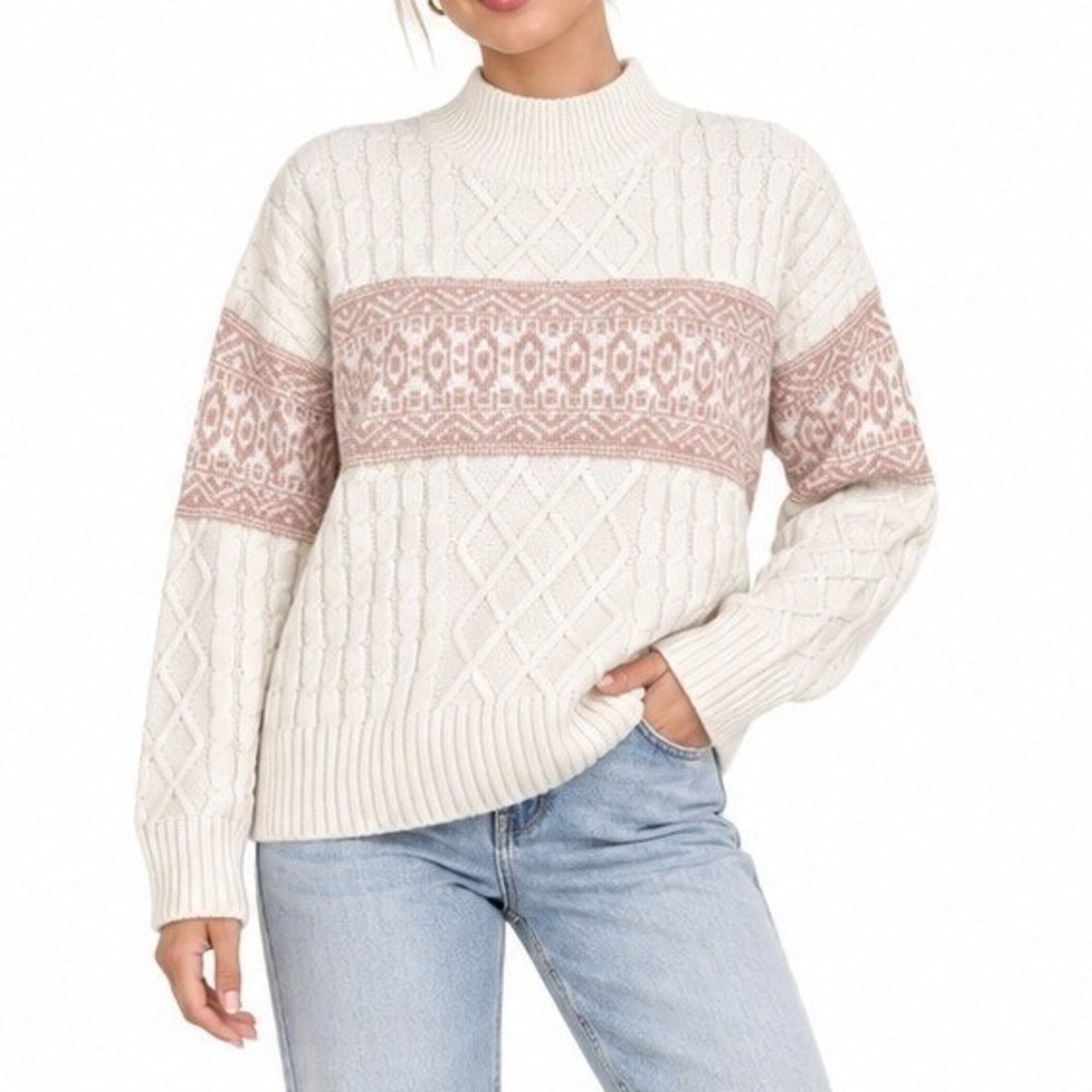 Rachel Zoe Sweater Women L White Pink Fair Isle Cable Knit Mock Neck Boho New